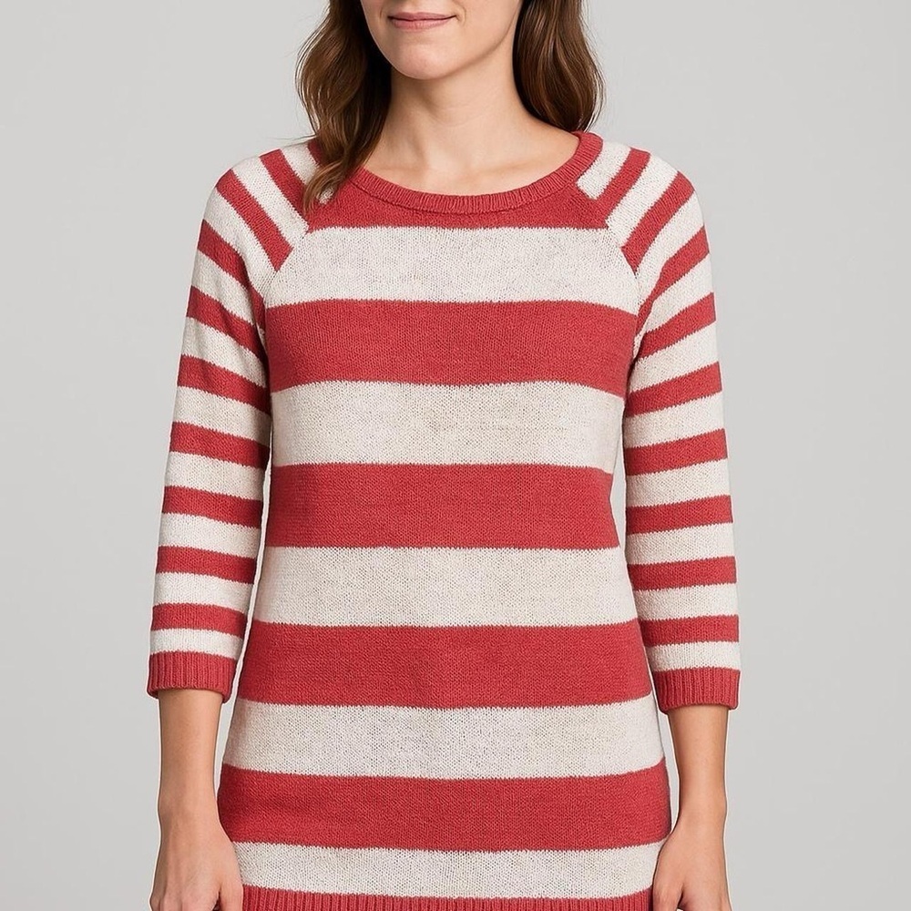 ๐ Chicoโs Pink & White Striped 3/4 Sleeve Sweater โ Size 2 (Large)